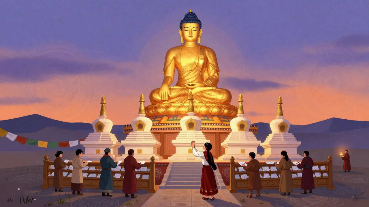 Золотой Будда в дацане Ринпоче Багша на Лысой Горе с пятью ступами и верующими, кладущими молитвенные бумажки.