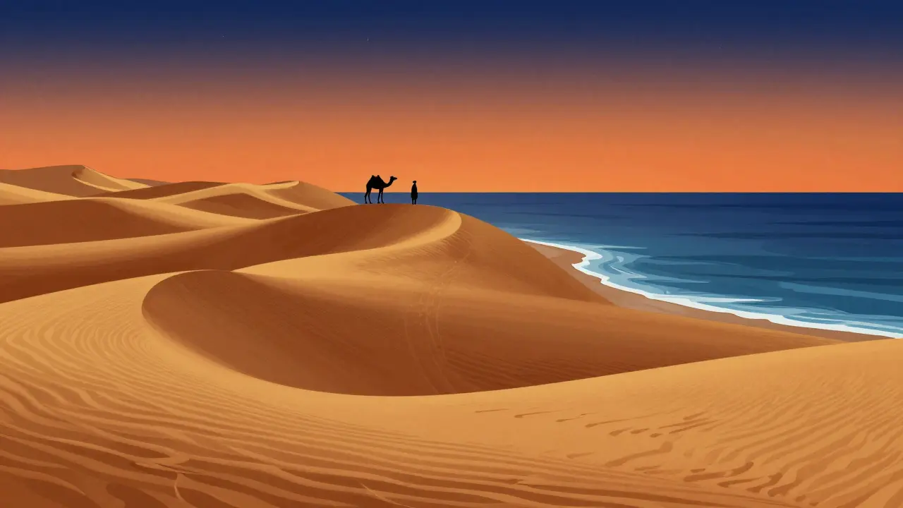 Золотые дюны Песков Вахиба внезапно обрываются у берега Индийского океана, на горизонте — верблюд с всадником.
