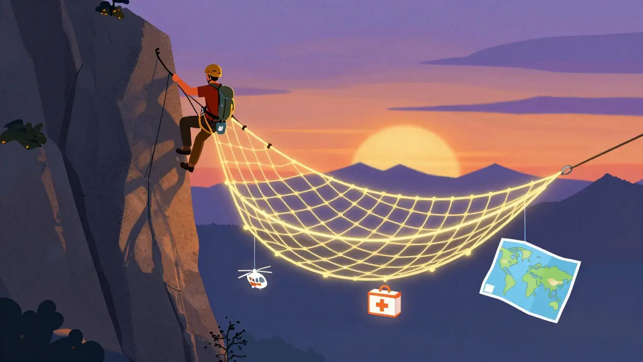 Альпинист под защитой символической страховой сети в горах