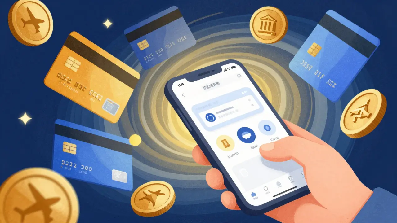 Банковские карты и бонусы в виде монет, символизирующие накопление миль