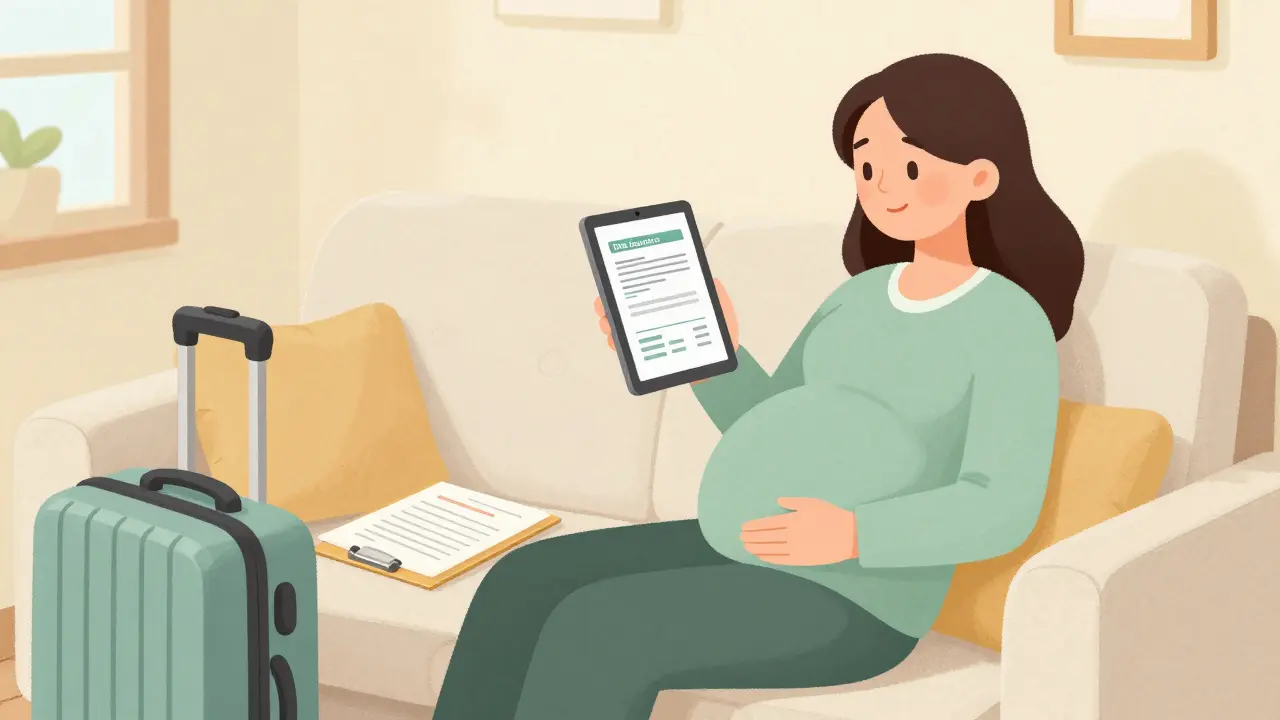 Беременная женщина проверяет электронный страховой полис перед поездкой