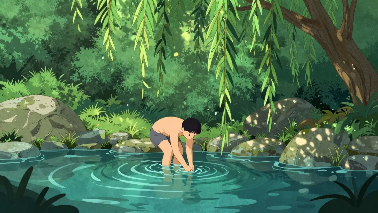 Человек совершает омовение в тихом святом источнике в лесу