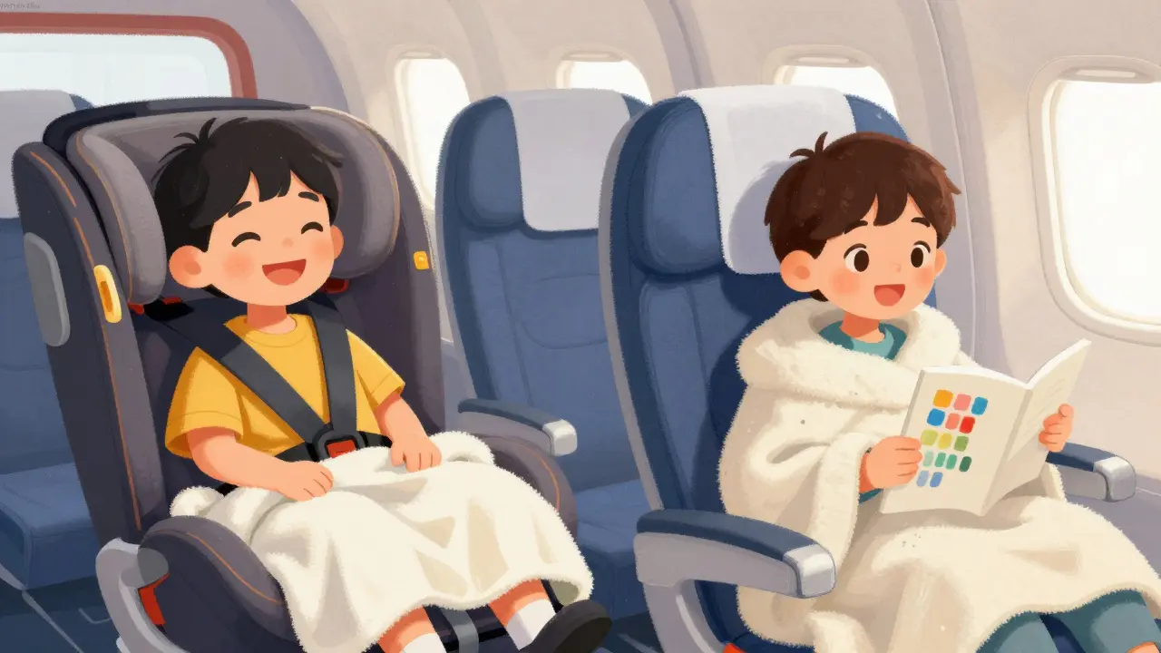 Дети в автомобильном кресле и в самолете с игрушками для дороги