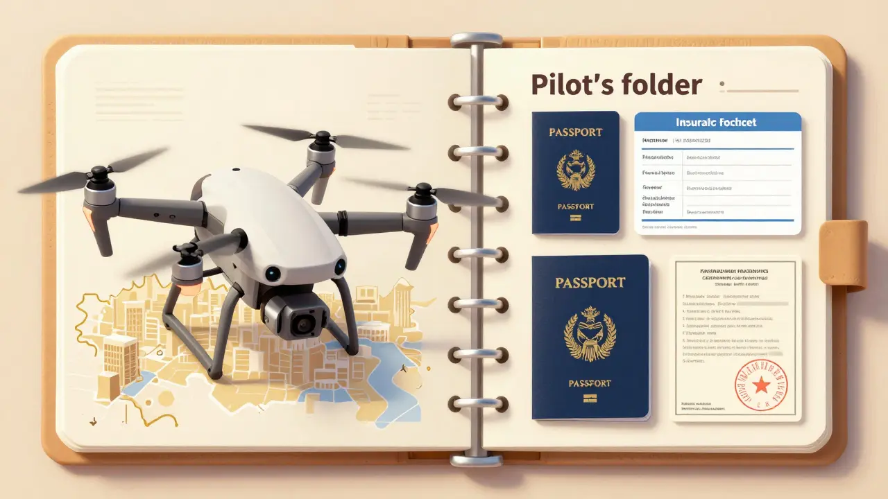 Дрон и папка с необходимыми документами для легального полета