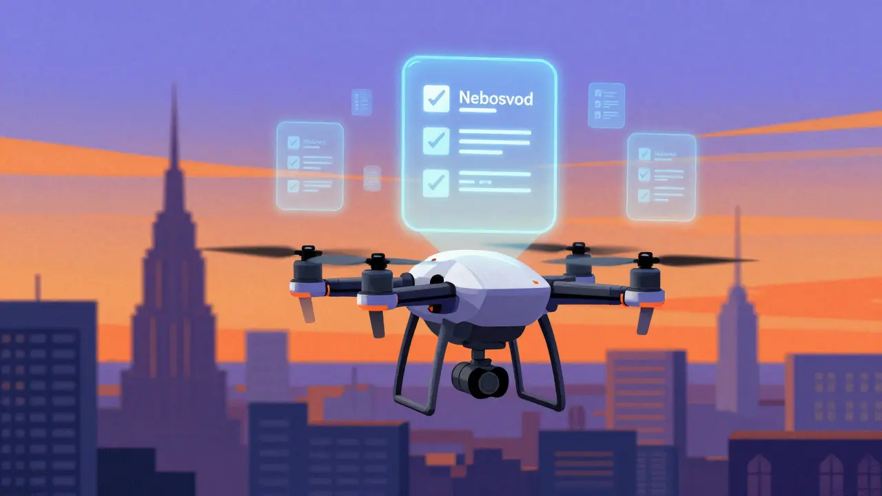 Дрон над городом с голографическими значками полученных разрешений