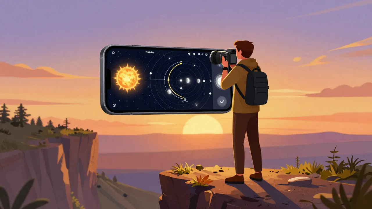 Фотограф на скале планирует съемку заката с помощью приложения