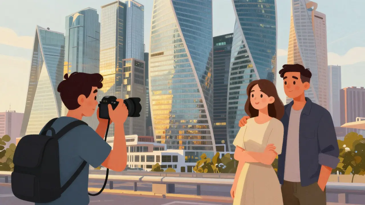Фотограф помогает паре позировать на фоне современных небоскребов в золотой час