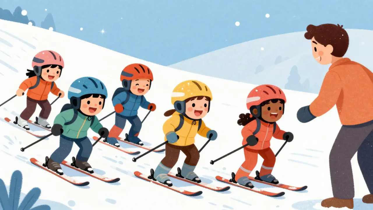 Группа детей в яркой экипировке учится кататься на лыжах в игровой форме
