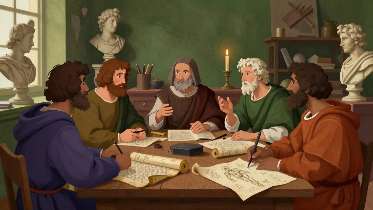 Иллюстрация дискуссии художников и философов эпохи Ренессанса в мастерской