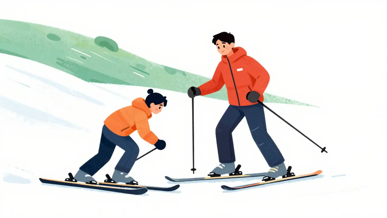 Инструктор показывает новичку технику торможения плугом на зеленой трассе