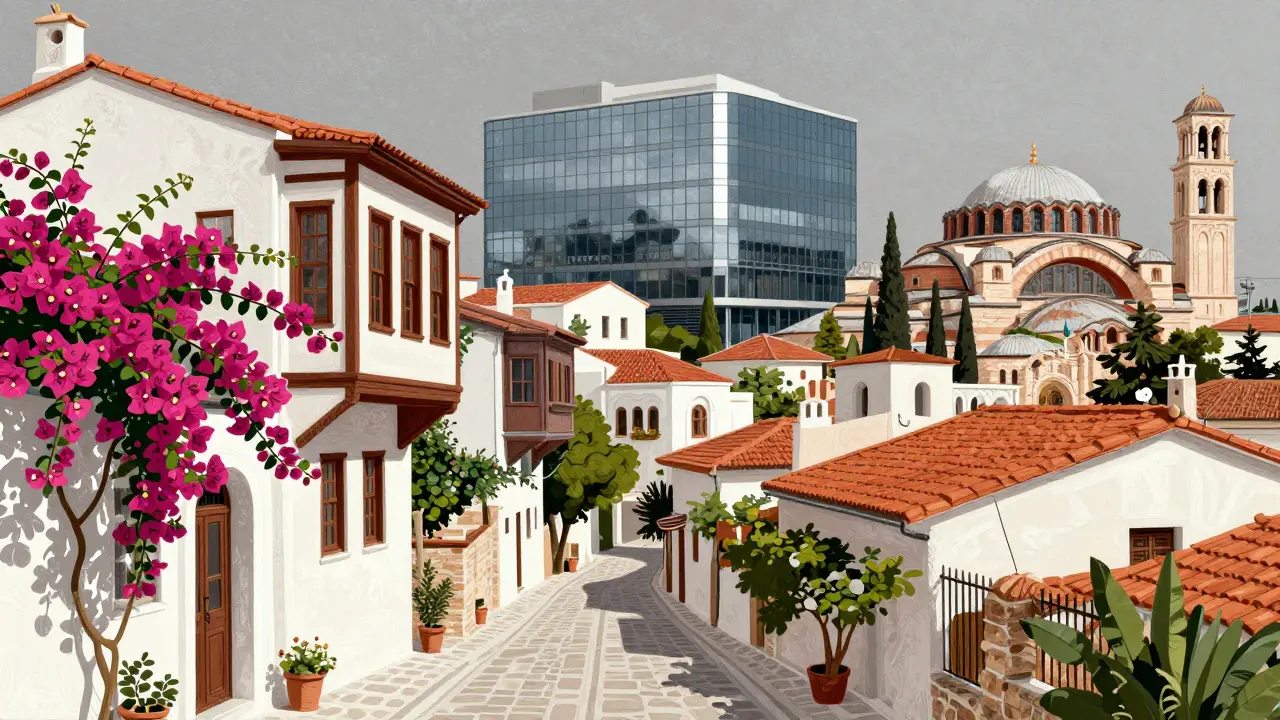 Коллаж из улочек района Плака, византийской церкви и современного бизнес-центра