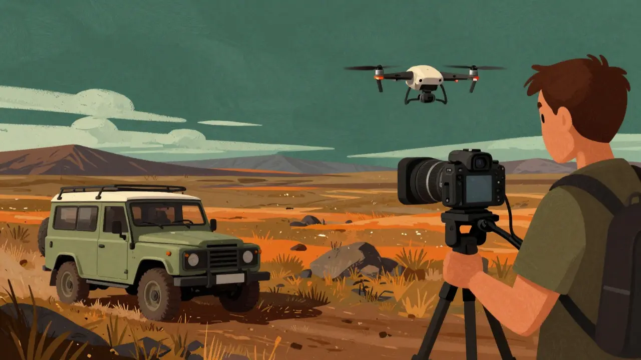 Коллаж с внедорожником в тундре и оборудованием для съемки тревел-блога