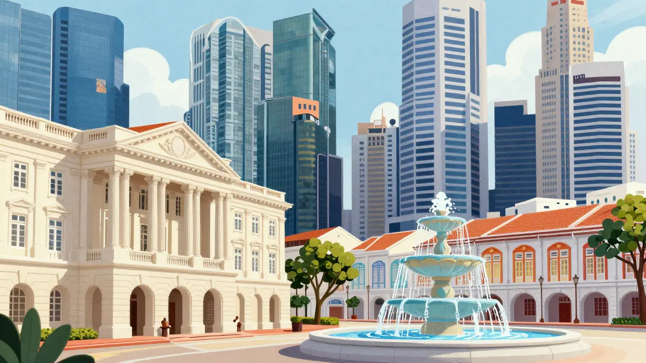 Контраст старой колониальной архитектуры и современных небоскребов Сингапура