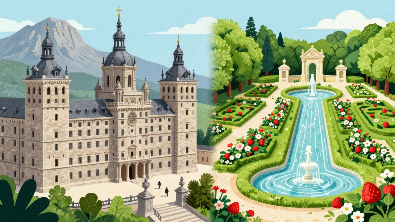 Контраст строгого дворца Эскориал и зеленых королевских садов Аранхуэса