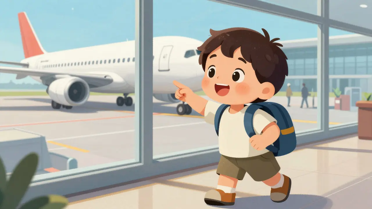 Любопытный трехлетний ребенок с рюкзаком в терминале аэропорта