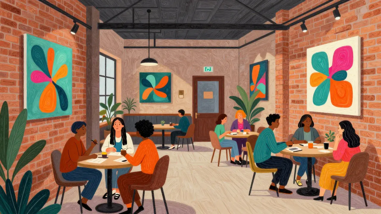 Люди на дискуссии в современном арт-пространстве с картинами на стенах