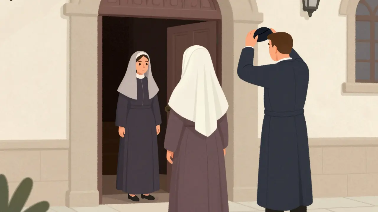 Люди в скромной одежде и платках у входа в православный храм