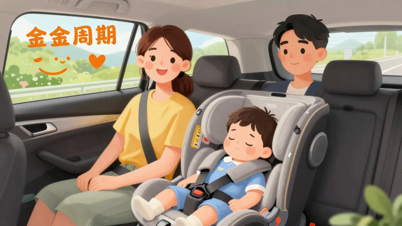 Младенец спит в детском автокресле во время семейного путешествия