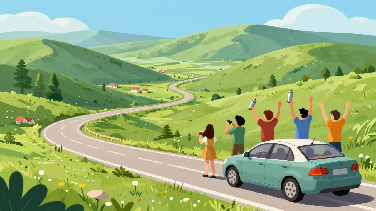 Отдых путешественников на смотровой площадке вдоль живописной дороги