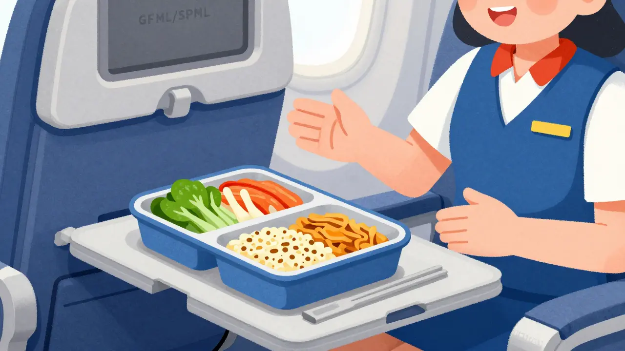 Пассажир в самолете с порцией специального диетического питания