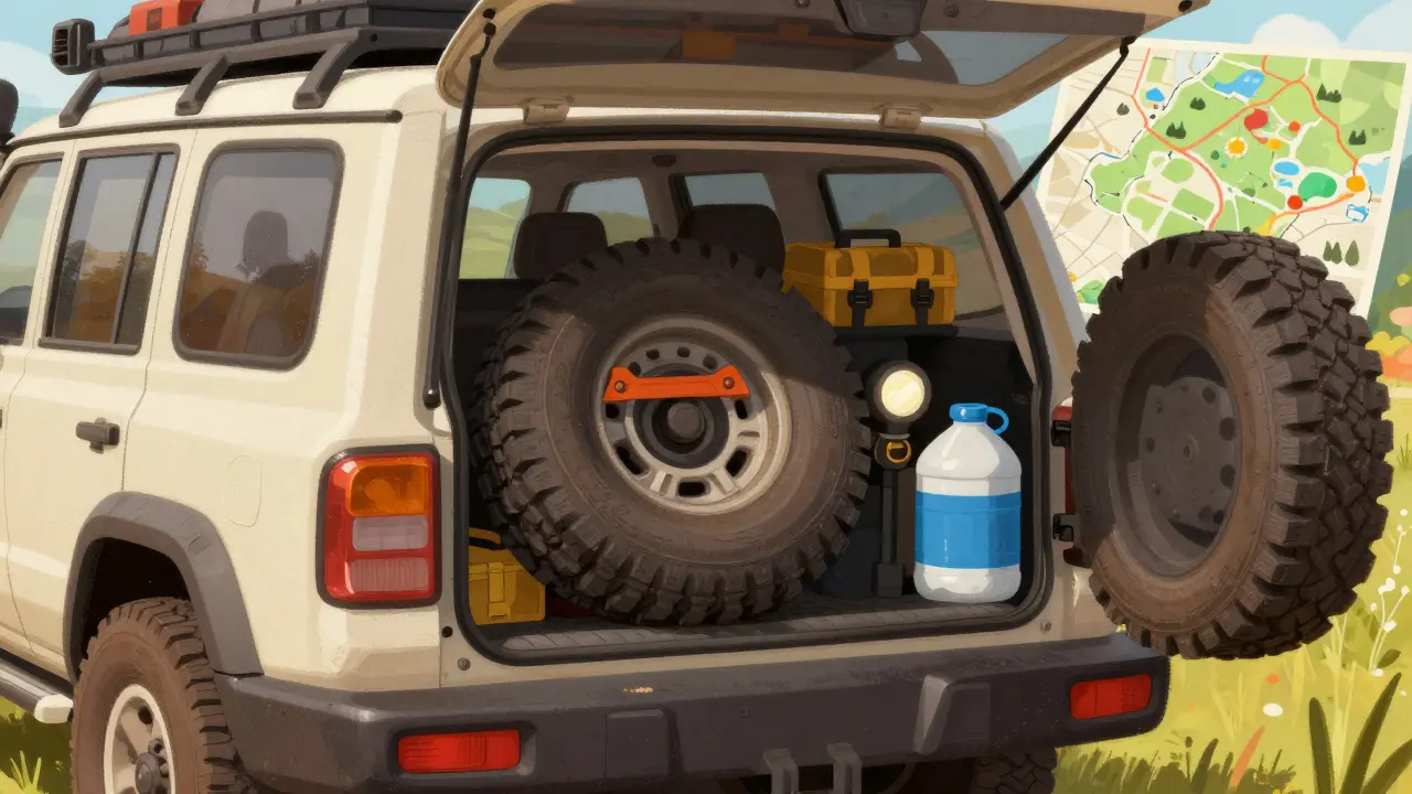 Подготовка внедорожника к поездке с набором инструментов и снаряжением