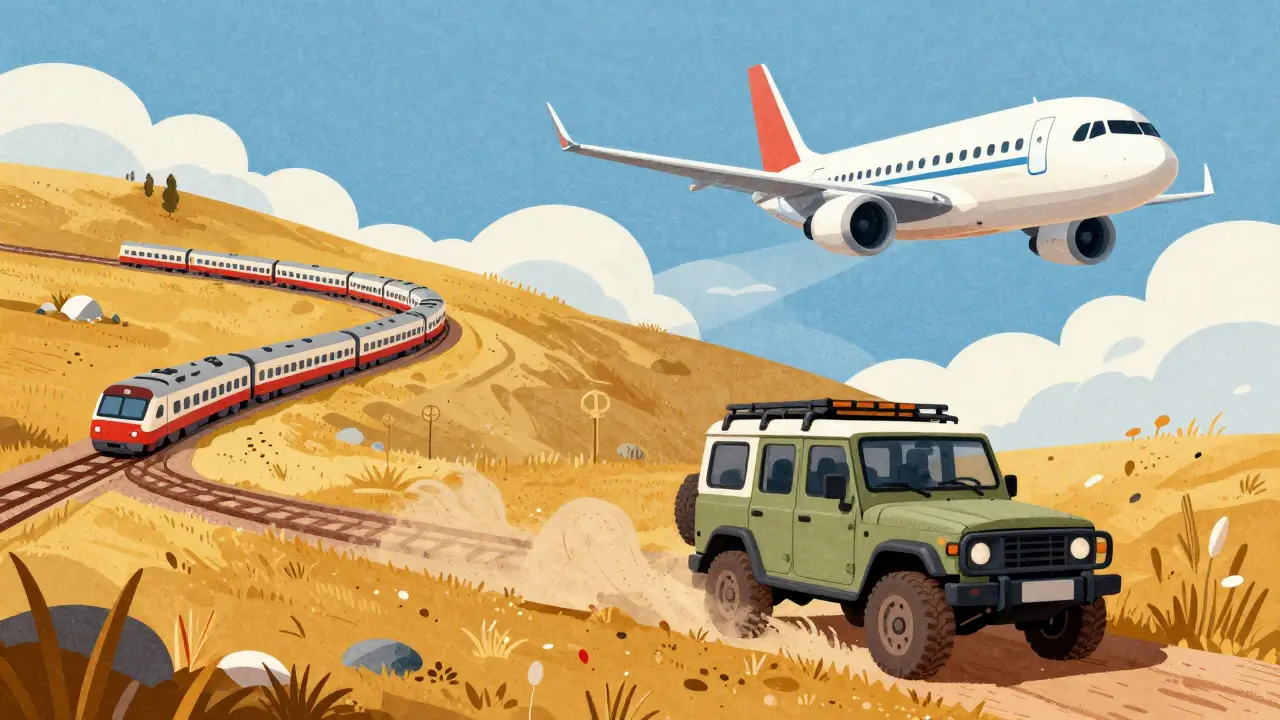 Поезд Транссиба, самолет и внедорожник на фоне сибирских пейзажей