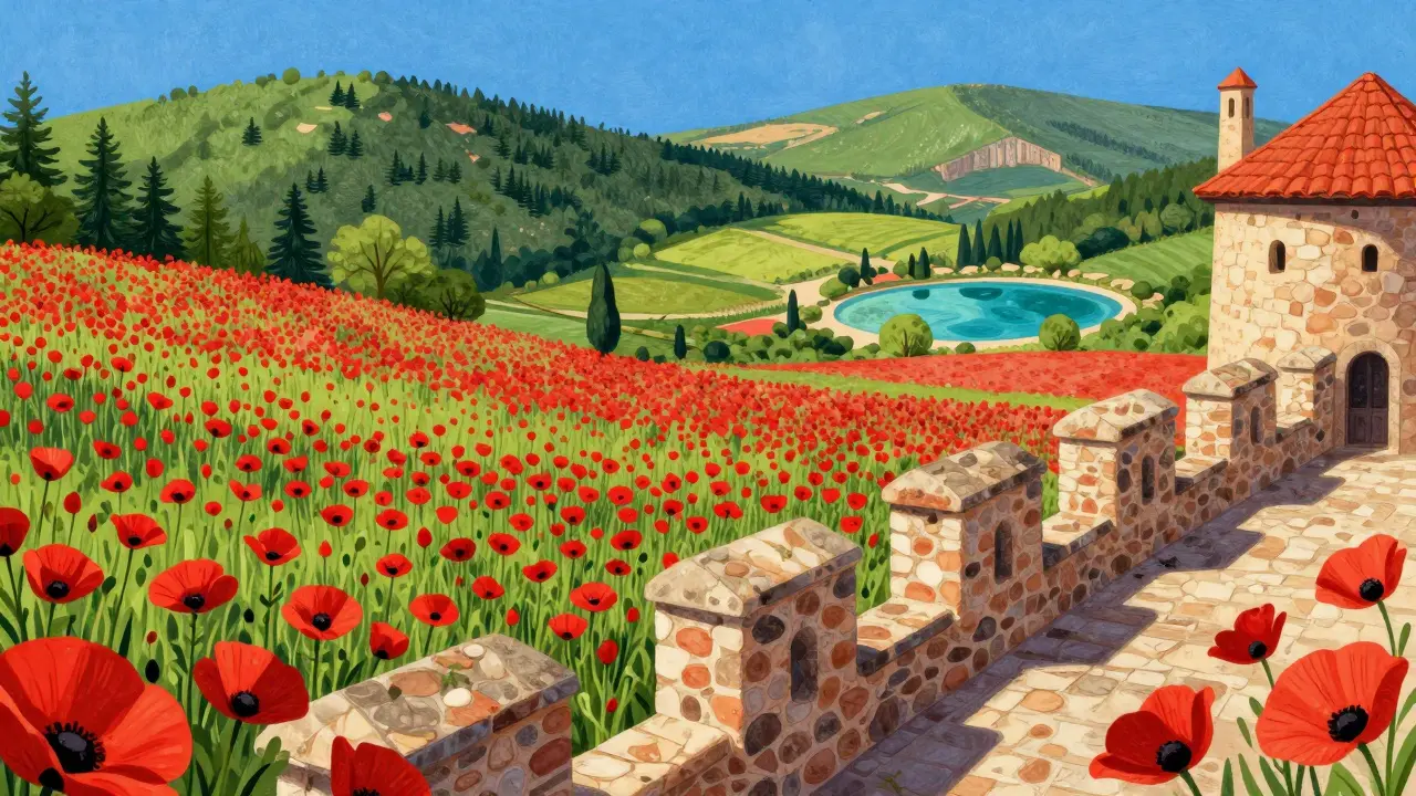 Поля красных маков у крепости Вильярехо и природные леса Раскафрии