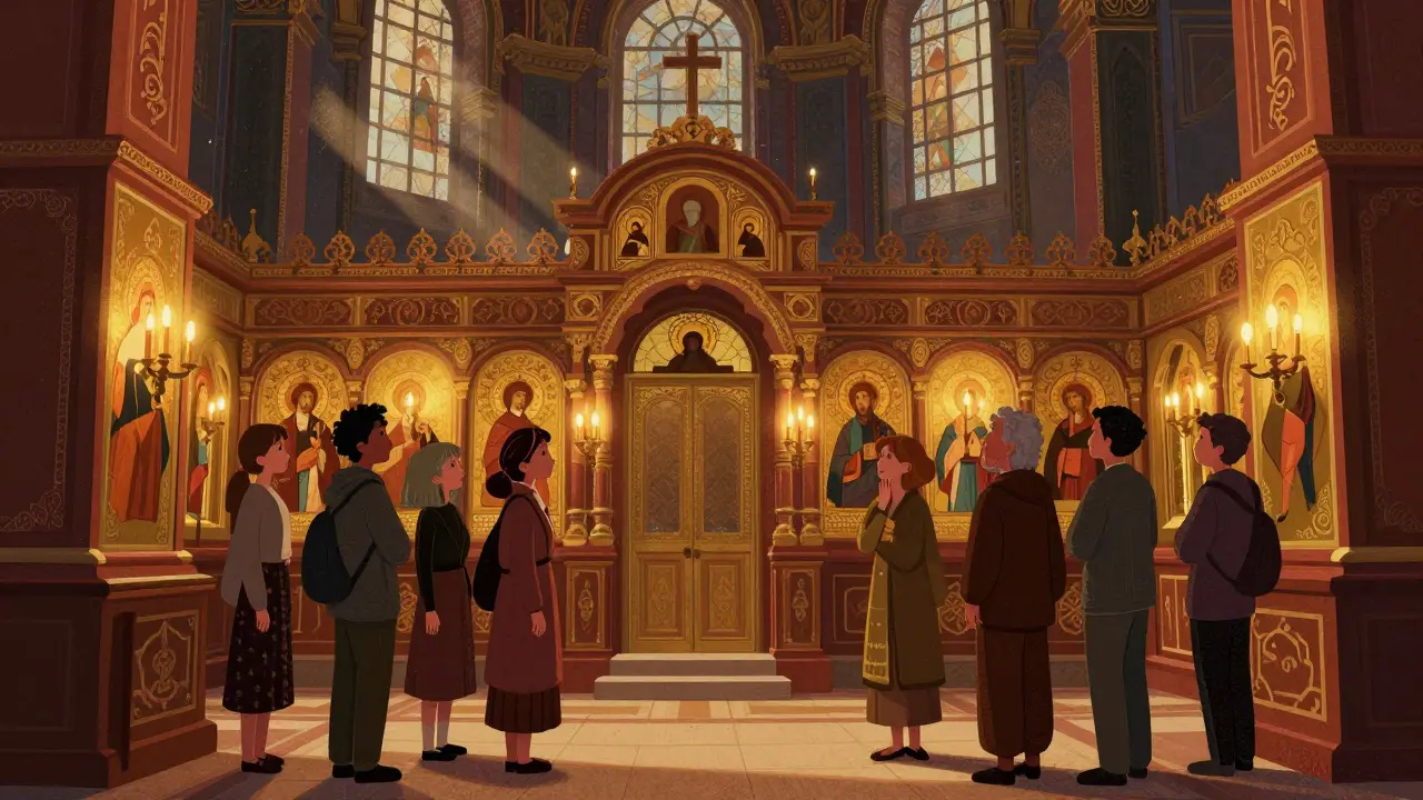 Посетители в тишине и благоговении внутри православного храма с иконами