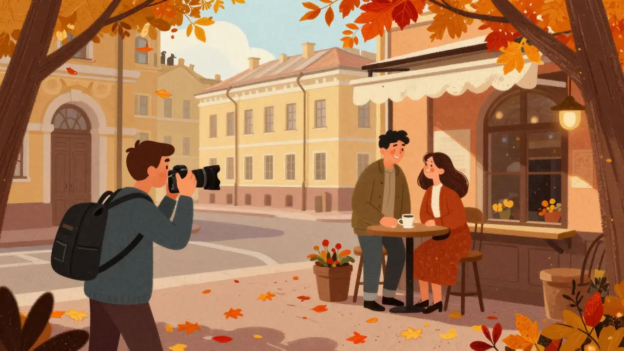 Прогулочная фотосессия влюбленной пары на уютной осенней улице города