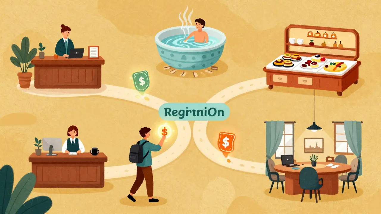 Путь путешественника по отелю, собирающего бонусы в спа и ресторане