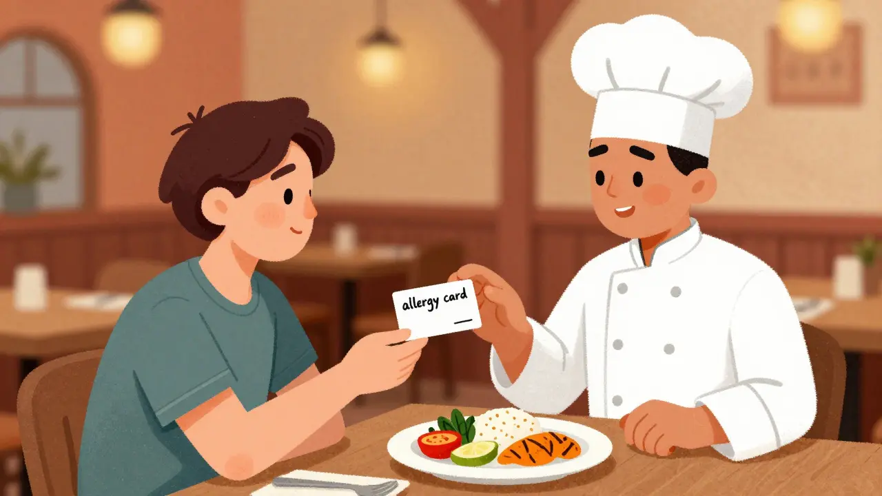 Путешественник показывает карточку аллергика повару в ресторане