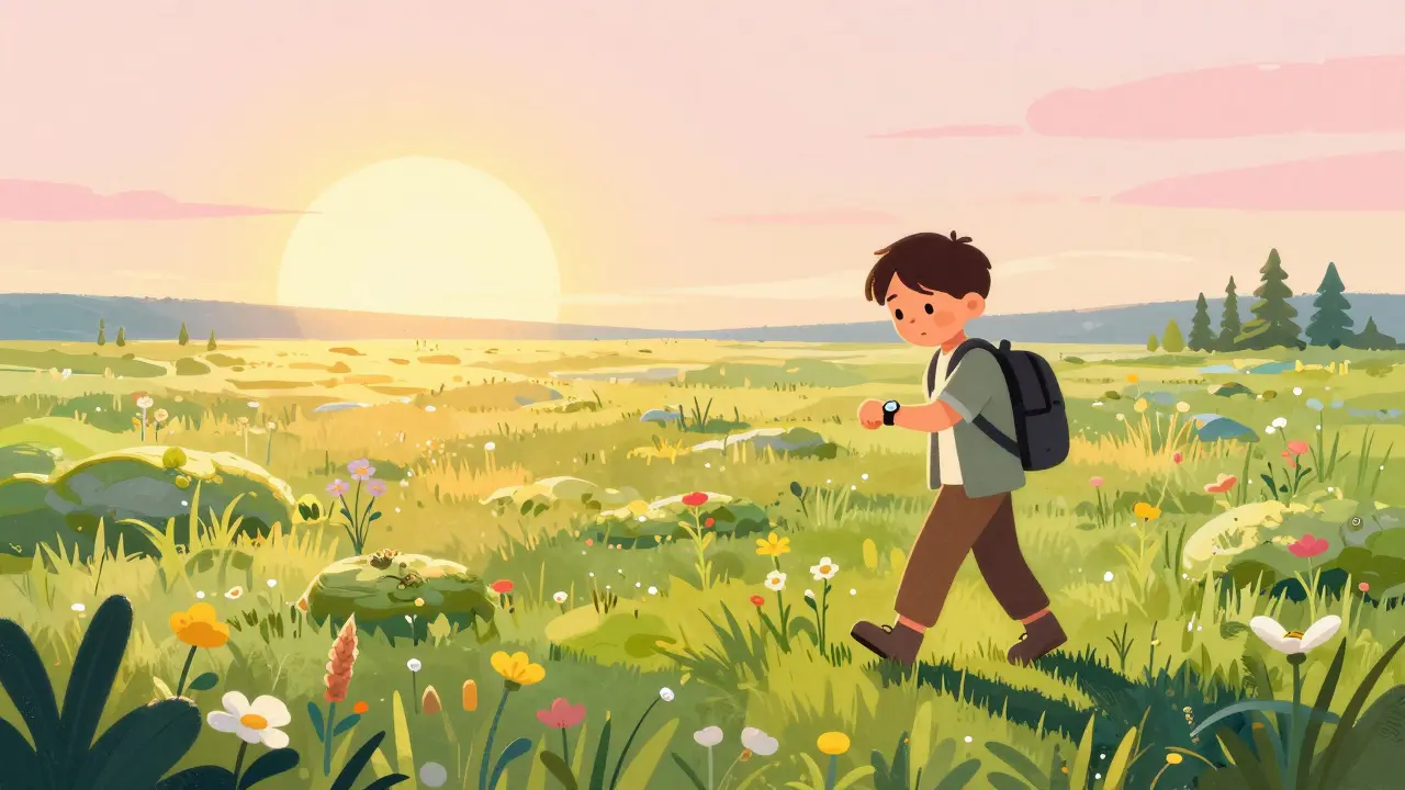 Путешественник в тундре под ярким солнцем полярного дня