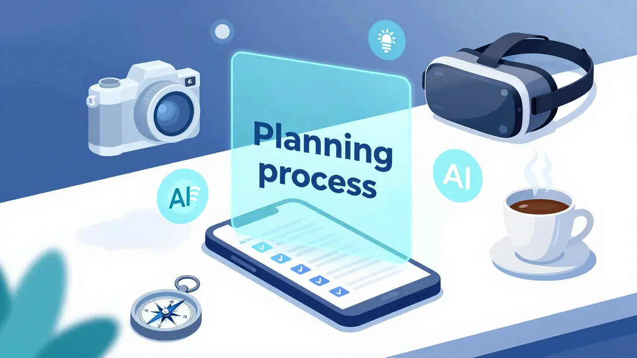Рабочий стол с гаджетами, VR-очками и картами для детального планирования поездки