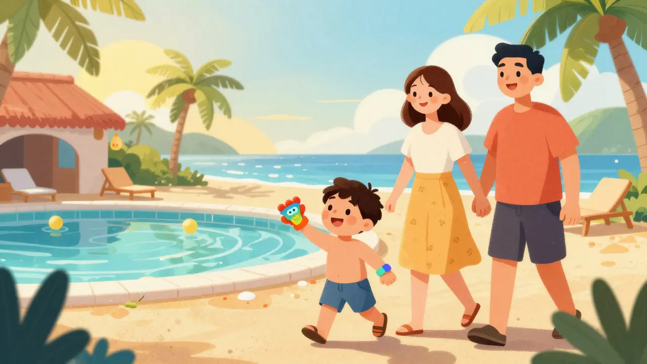 Счастливая семья с ребенком на отдыхе в солнечном курортном отеле