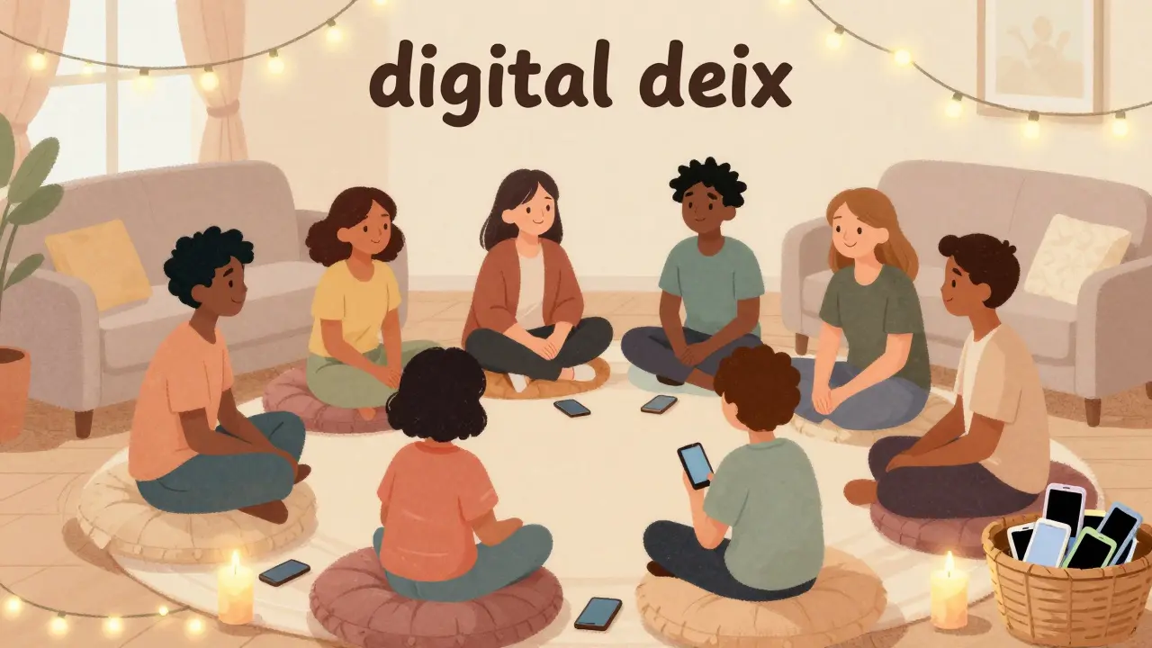 Семья общается в кругу при мягком свете гирлянд, отложив телефоны