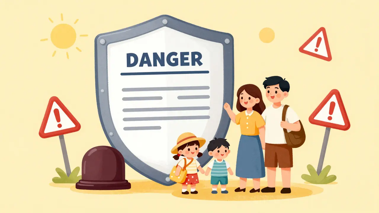 Семья под защитой большого договора, символизирующего безопасность поездки