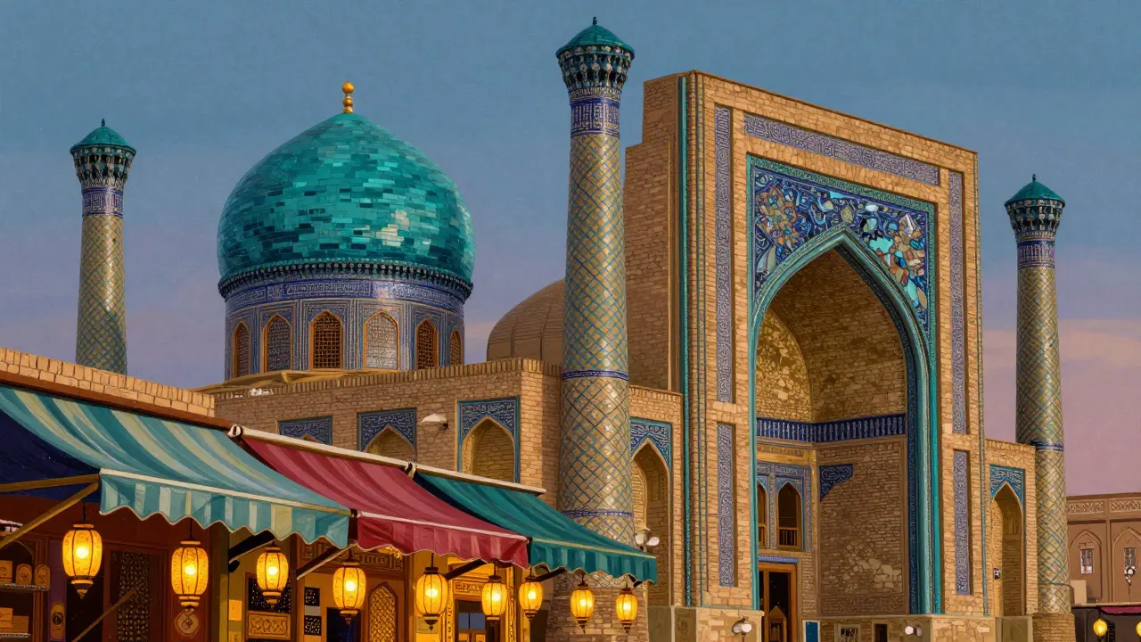 Старинный город с синими куполами и ярким базаром
