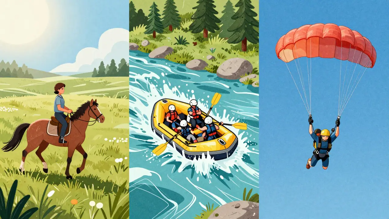 Три уровня риска: конная прогулка, рафтинг и прыжок с парашютом