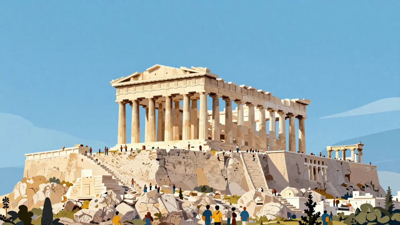Вид на Парфенон и Акрополь под ярко-голубым небом в иллюстративном стиле