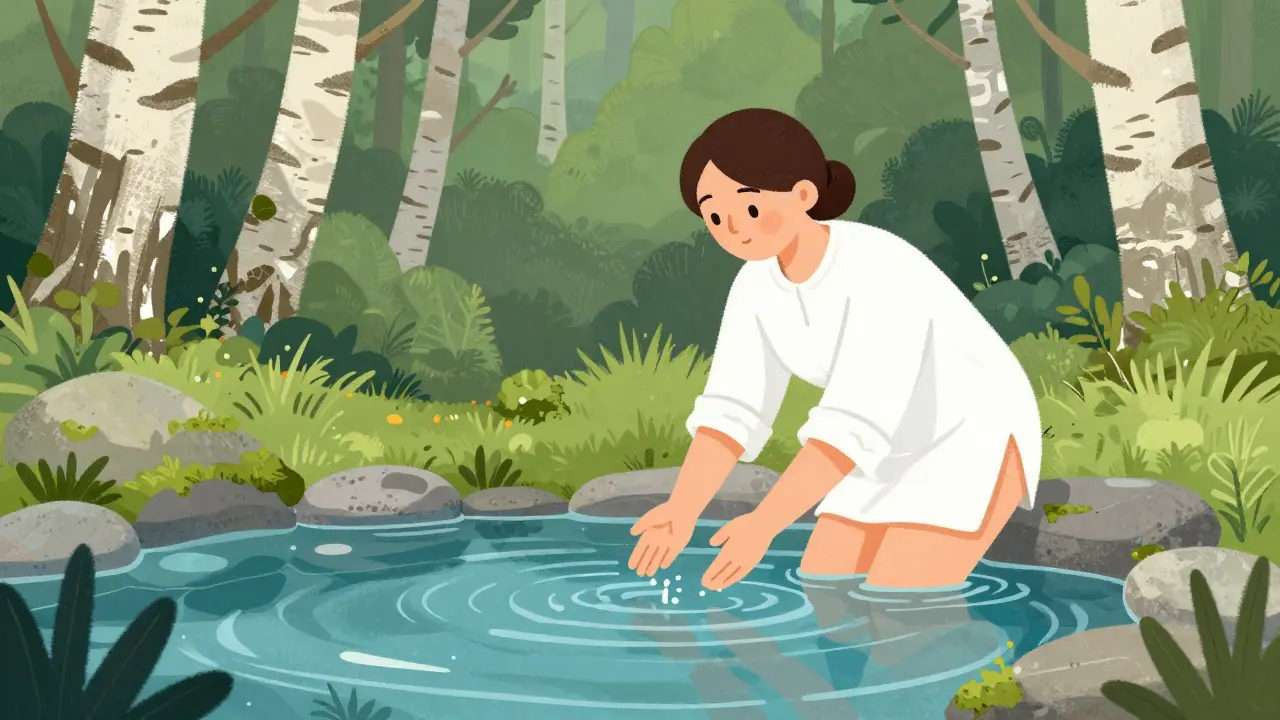 Женщина в белой рубашке у чистого святого источника в лесу