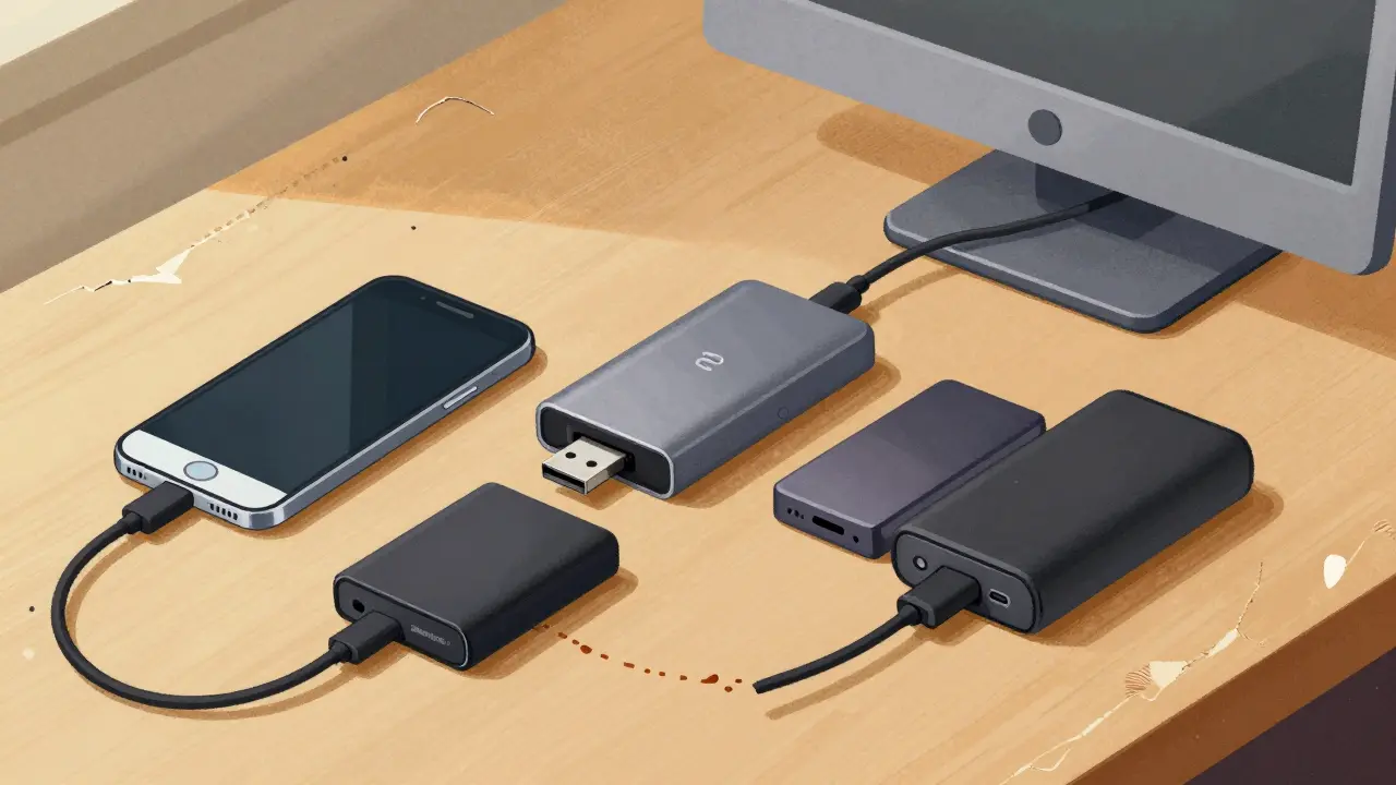 Смартфон подключен к хабу и SSD для бэкапа без ноутбука