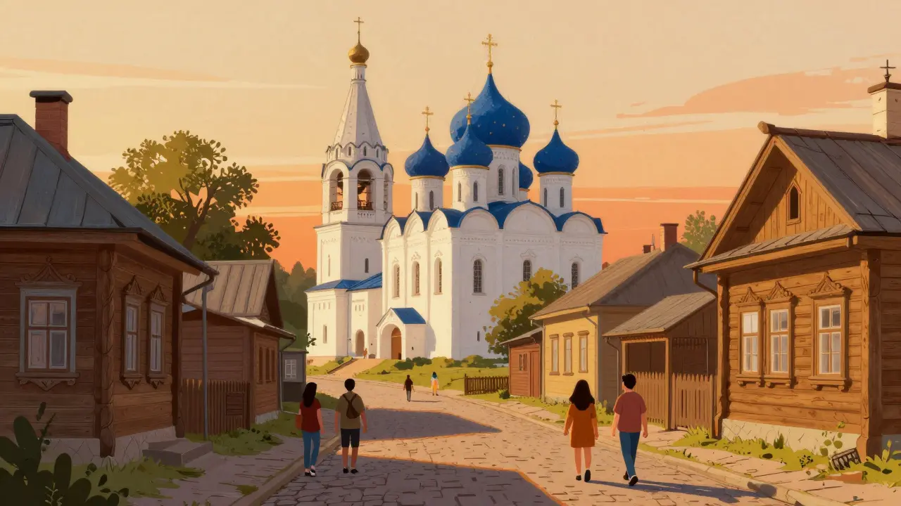 Иллюстрация исторического центра Суздаля с храмами и туристами на закате