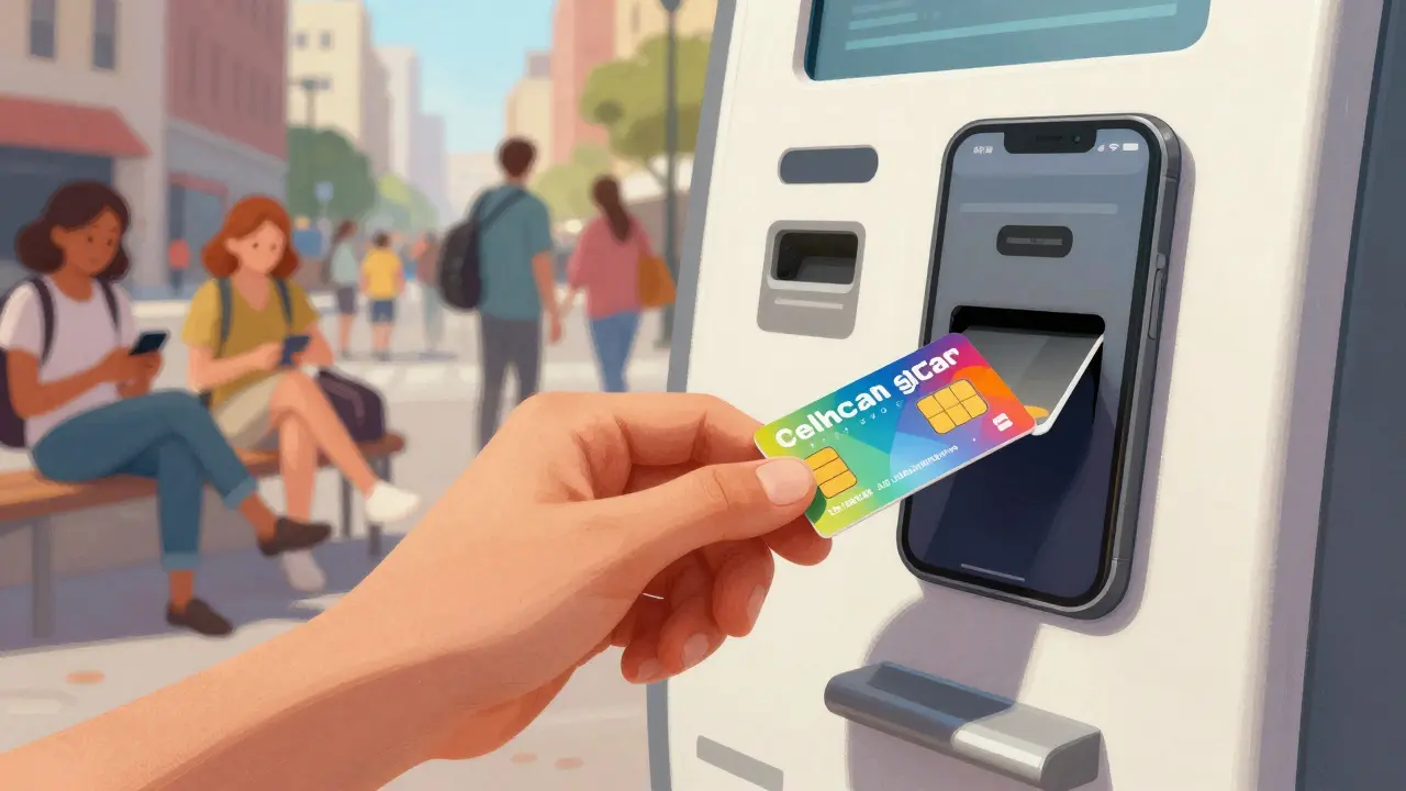 Рука вставляет местную SIM-карту в телефон у киоска оператора связи