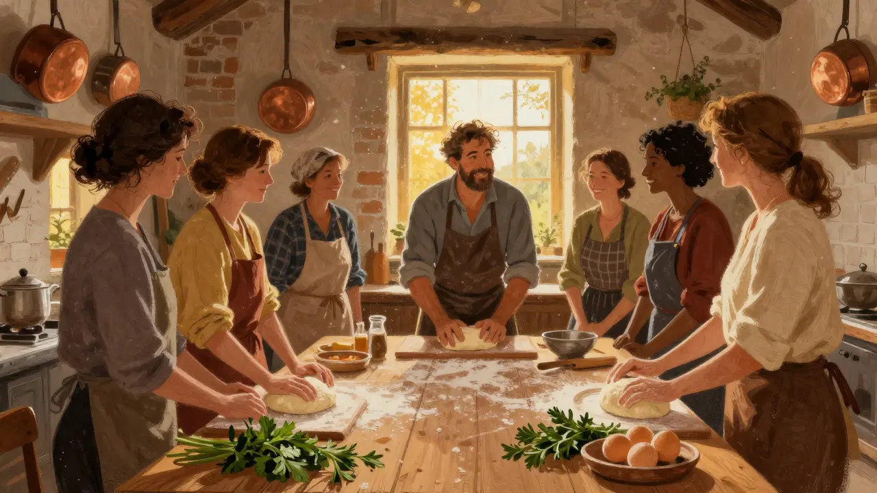 Текстурная иллюстрация кулинарного мастер-класса в деревенской кухне