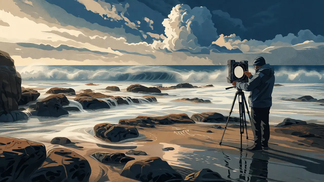 Фотограф с системой фильтров снимает шелковое море и насыщенное небо