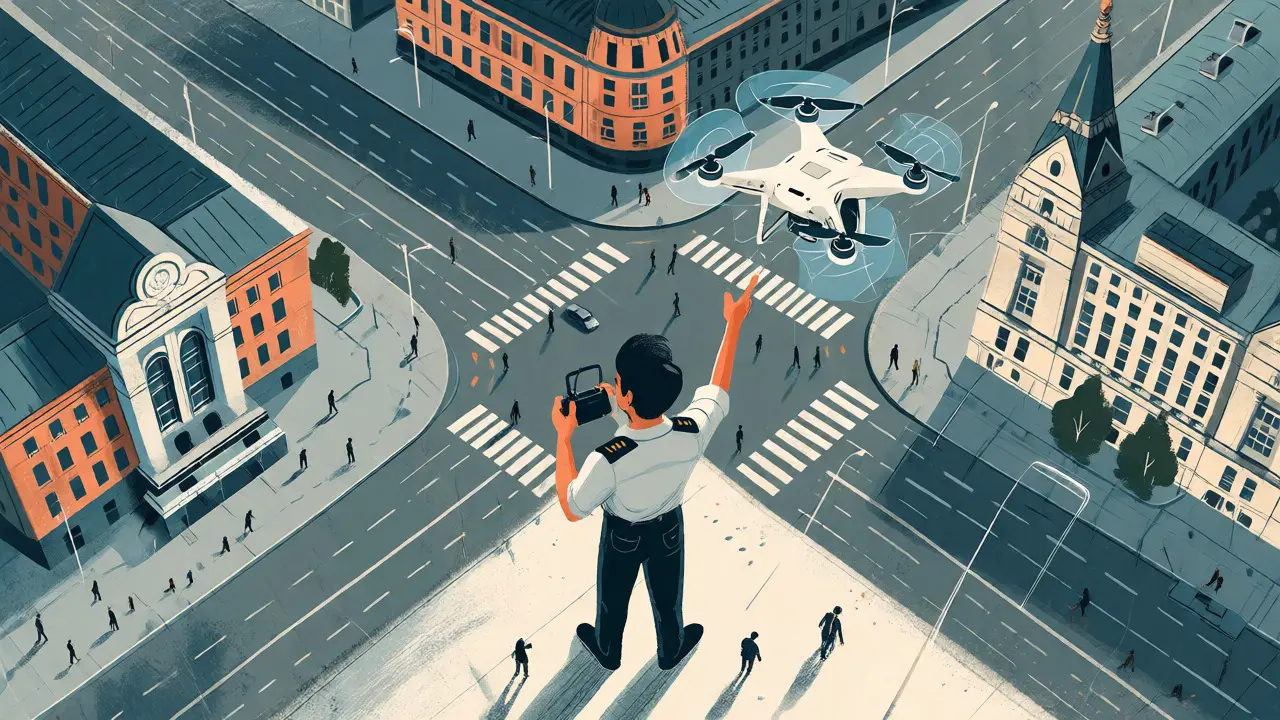 Пилот управляет дроном в городской среде