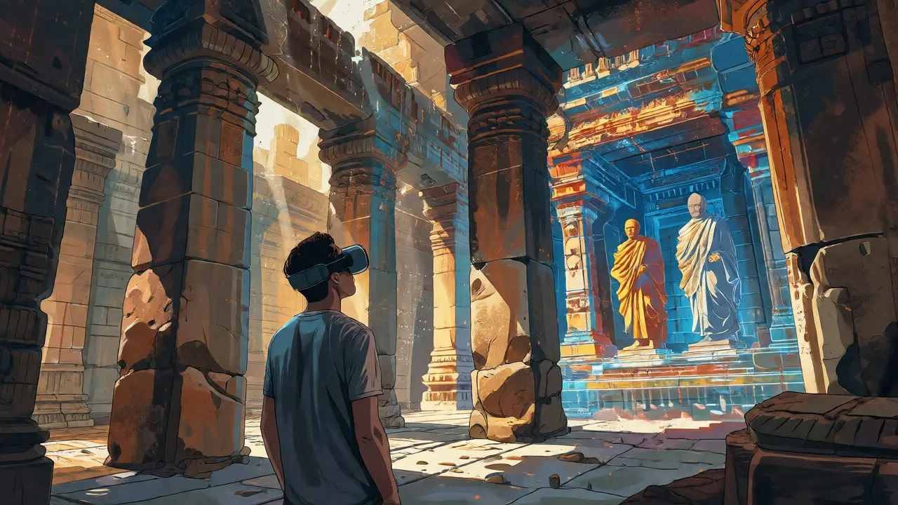 Турист в VR-очках видит реконструкцию древнего храма на руинах